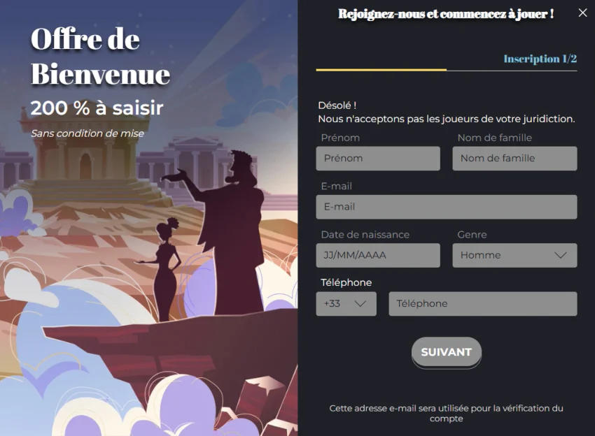 Formulaire d’inscription d’Olympe Casino avec offre de bienvenue de 200 % et message concernant les restrictions géographiques