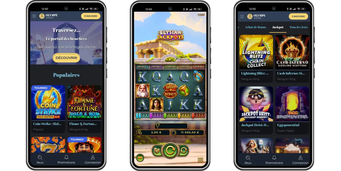 Version mobile d’Olympe Casino affichant la page d’accueil, les promotions et le catalogue de jeux sur smartphone